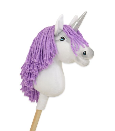 Hobby Horse Jednorożec na kiju biały, grzywa fioletowa i srebrny róg A4
