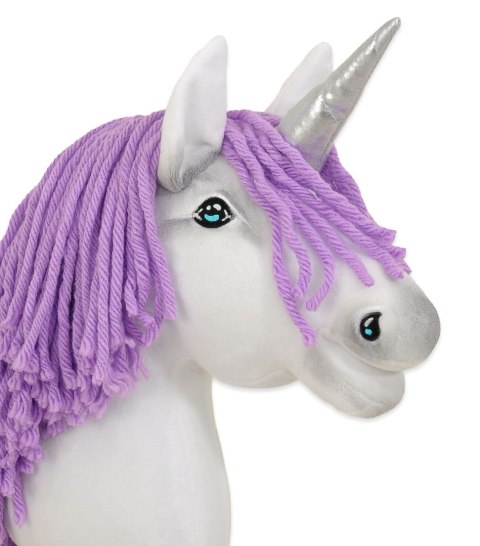 Hobby Horse Jednorożec na kiju biały, grzywa fioletowa i srebrny róg A4