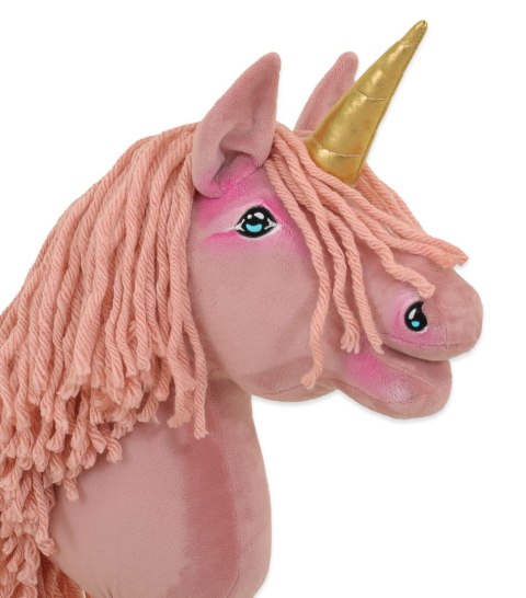 Hobby Horse Jednorożec na kiju brudny róż z różową grzywą i złotym rogiem A4