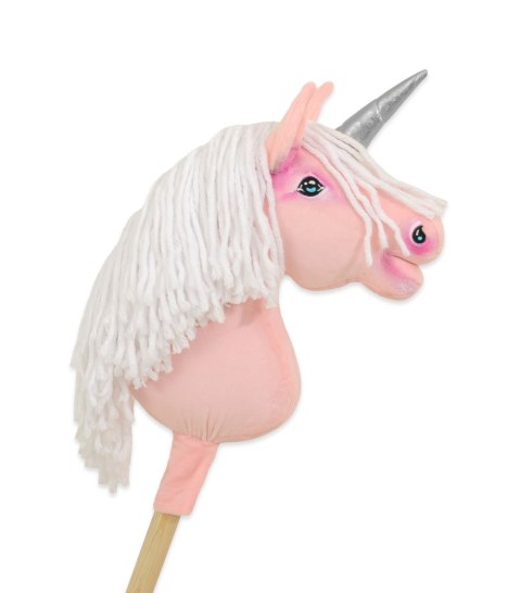 Hobby Horse Jednorożec na kiju różowy z białą grzywą i srebrnym rogiem A4