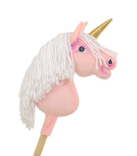 Hobby Horse Jednorożec na kiju różowy z białą grzywą i złotym rogiem A4