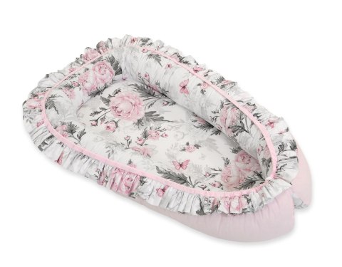 Kokon niemowlęcy kojec otulacz Premium z falbanką - Romantic peonies