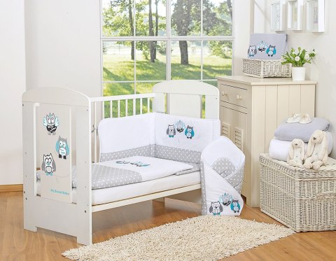 Komplet pościeli dla dzieci 135x100cm z ochraniaczem 3-cz Sówki szare z haftem szaro-turkusowym