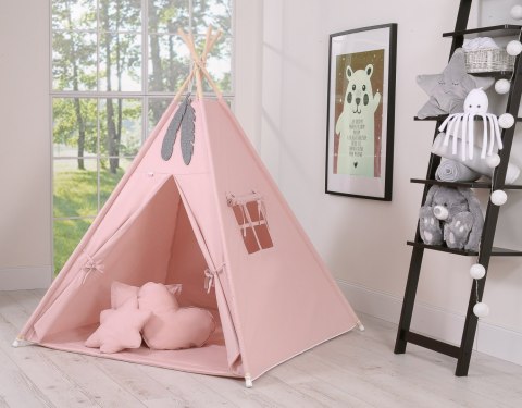 Namiot TIPI dla dzieci + mata + poduszki + zawieszki pióra - brudny róż