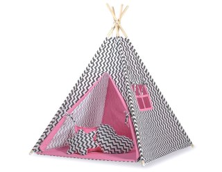 Namiot TIPI dla dzieci + mata + poduszki + zawieszki pióra - Chevron czarny/ciemny róż
