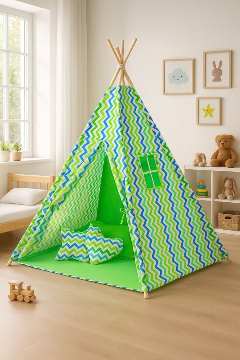 Namiot Tipi dla dzieci+ zawieszki pióra - Chevron zielono-niebieski