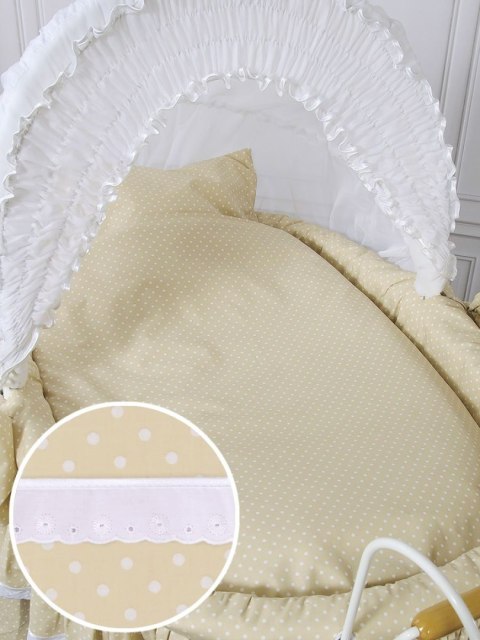 Wiklinowy kosz Mojżesza Retro ze składaną budką Christine - biały + beżowa pościel z koronką