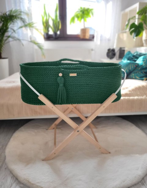 Kosz Mojżesza BOHO bawełniany Handmade z materacykiem - butelkowa zieleń