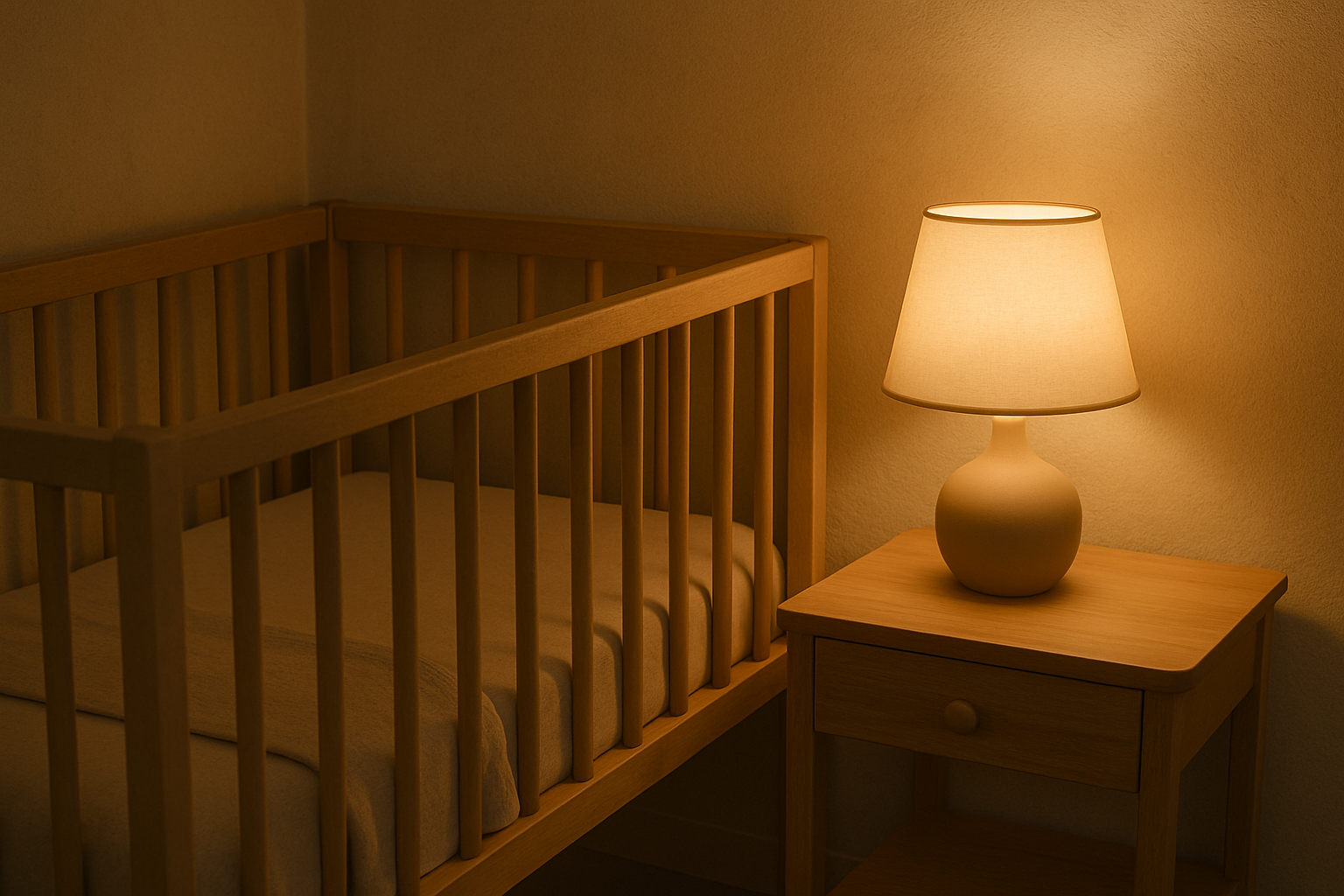 Nastrojowa lampka nocna obok ł&oacute;żeczka w pokoju niemowlęcym