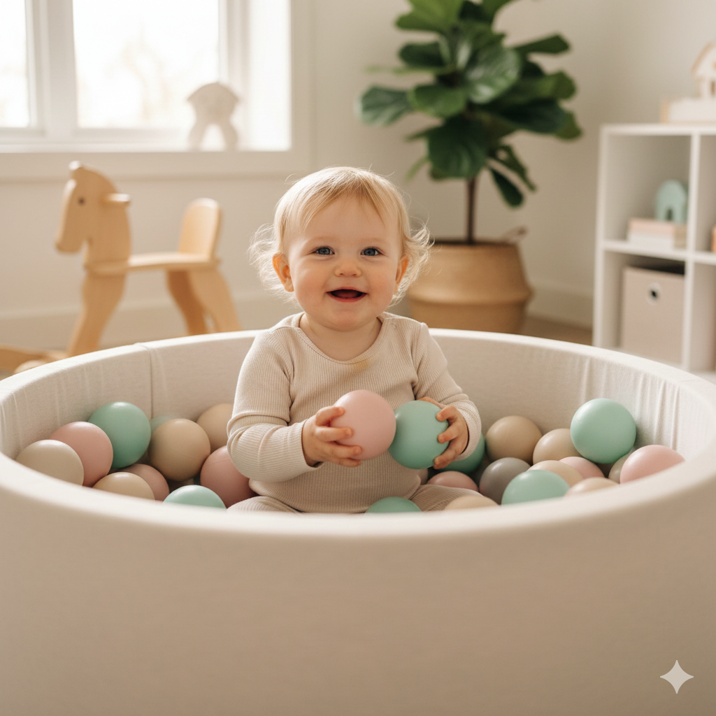 Niemowlę bawiące się w miękkim basenie z piłeczkami